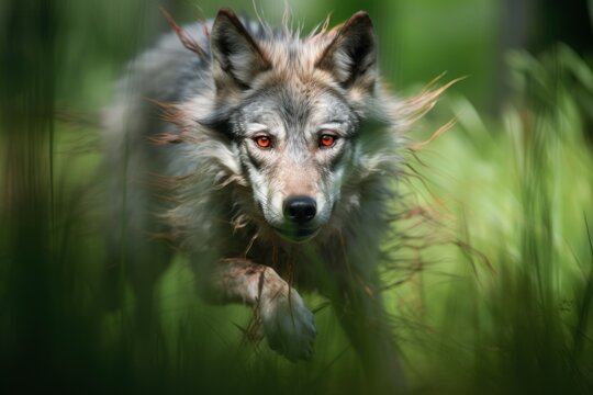  a blurry photo of a wolf running through a field of tall grass with a red - eyed look on its face.