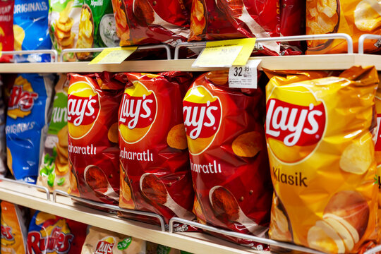 Istanbul, Beylikduzu - Turkey - 05.19.2023: Snack Shelf View, Chips.