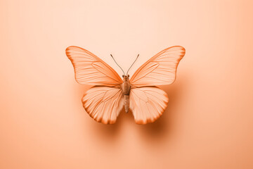 Tender peach fuzz butterfly resting on flowers on minimal background. Modern trendy tone hue shade