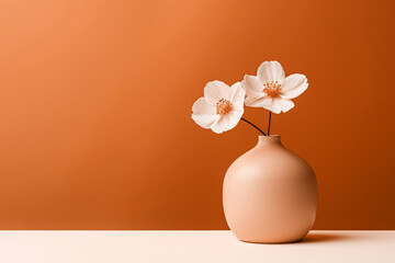 Two white anemone flowers in a peach fuzz color vase on minimal orange copy space background. Modern trendy tone hue shade