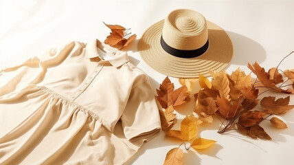 fashion autumn leaves, clothes and accessories on beige background, flat lay