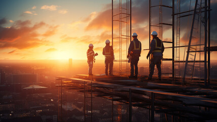 construction workers at sunset. mixed media