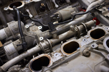 Engine valve car maintenance. The cylinder block of the four-cylinder engine. Disassembled motor...