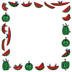 Fototapeta premium Vector cartoon style greeting card, square frame illustration with doodle style watermelons.