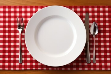 Small Portion on Empty Plate. Dinner Menu with Silverware and Napkin on Table Setting Background
