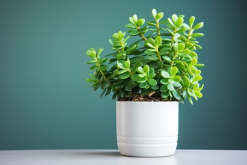 Flourishing Jade Plant in a Clean White Pot. Closeup of Bright Leaves and Branches - Botany and Environment - obrazy, fototapety, plakaty