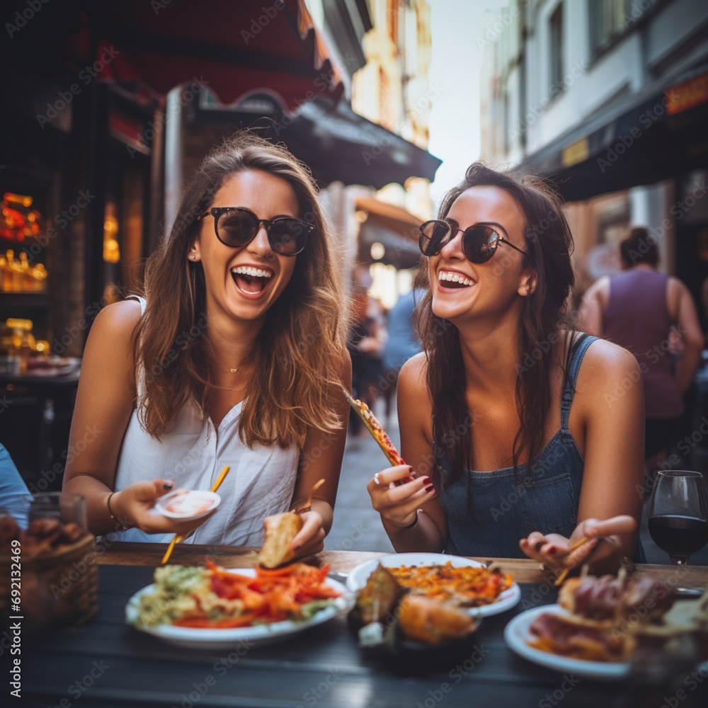 Wall mural Friends eating at a street food market.