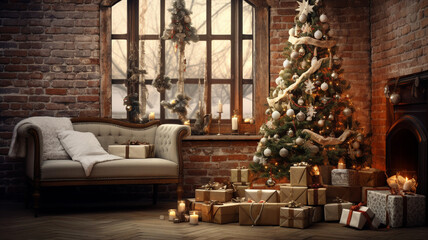 Fototapeta na wymiar christmas tree with presents on brick wall background. 3 d render
