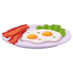 Breakfast with scrambled eggs, bacon and lettuce leaves.Healthy breakfast plate.Morning plate.Fried egg.British breakfast.Isolated on white background.Vector flat illustration.