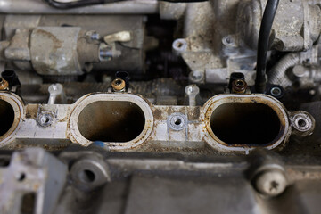 Engine valve car maintenance. The cylinder block of the four-cylinder engine. Disassembled motor...
