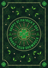 St Patricks Day vertical poster with lucky four leaves shamrocks, text, circular ornament, scattered confetti, shiny gold beads. Thin geometric ornament on dark background.