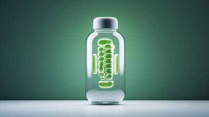 medical pills and capsules on green background