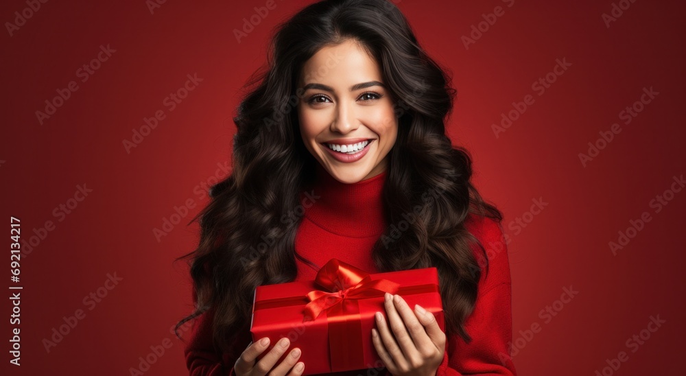 Wall mural woman holding red gift on red background,