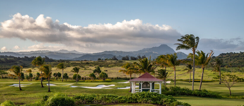 Mt Kawaikini and Kukuiula (Kukui'ula) golf course, palm trees and a halfway house, gazebo, Poipu, Kauai, Hawaii (Hawai'i)