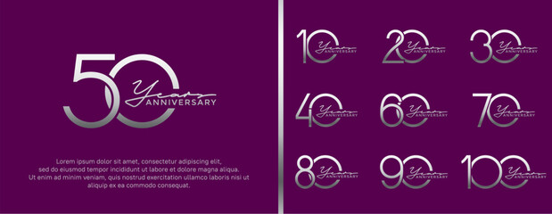 set of anniversary logo silver color on purple background for celebration moment