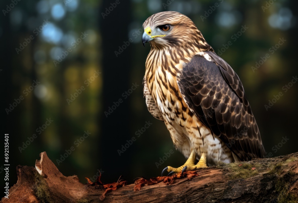 Poster a close up of a bird of prey on a tree branch in front of a blurry background of trees.