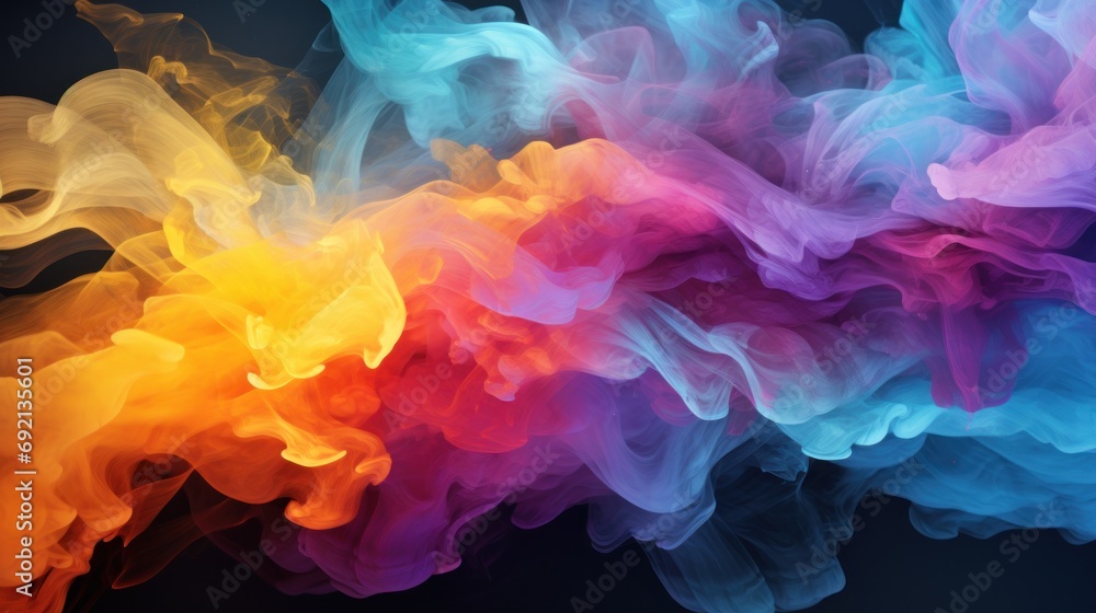 Poster a multicolored smoke cloud is shown in the middle of a black background with the colors of the rainb