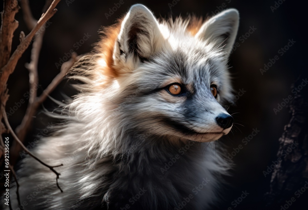 Poster  a close - up of a fox's face in front of a dark background with a tree branch in the foreground.