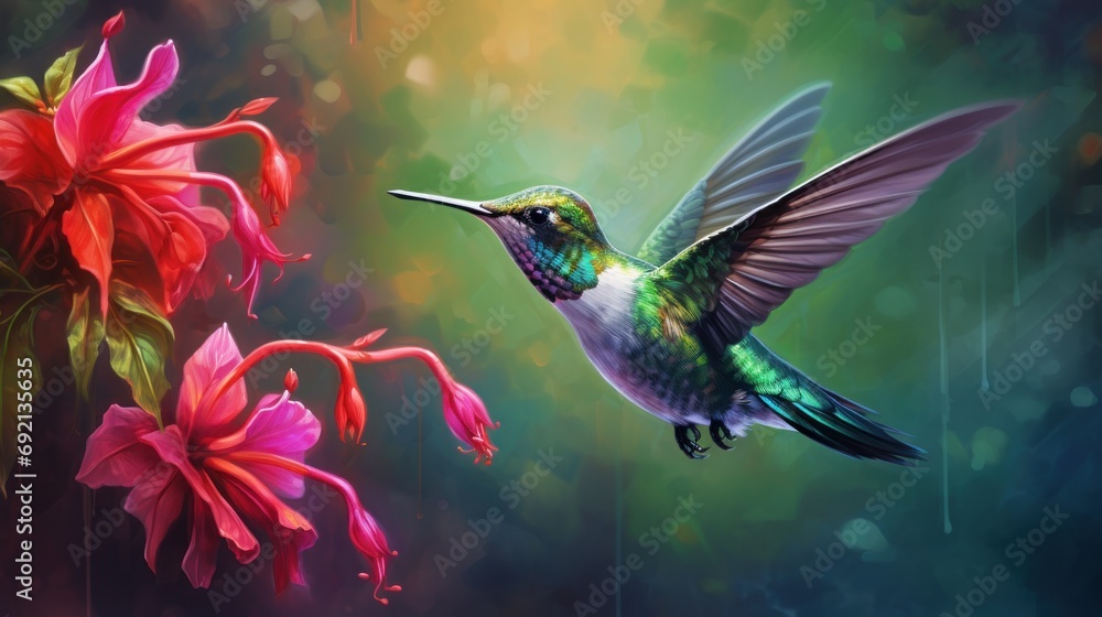 Poster a painting of a hummingbird hovering over a flower and a hummingbird with its beak open and wings wi