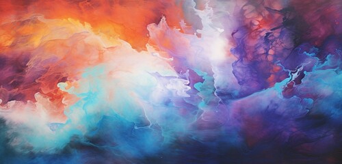 Craft a visually striking abstract composition reminiscent of interstellar nebulae, where vibrant colors blend seamlessly into one another.