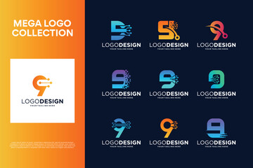 Number 9 creative logo design collection. Abstract symbol for digital technology