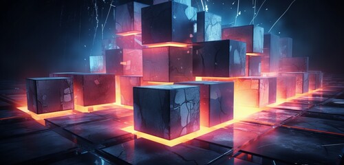 Create a high-definition 3D rendering featuring abstract concrete cubes, symbolizing architectural innovation and modern design with neon lights accentuating their forms.