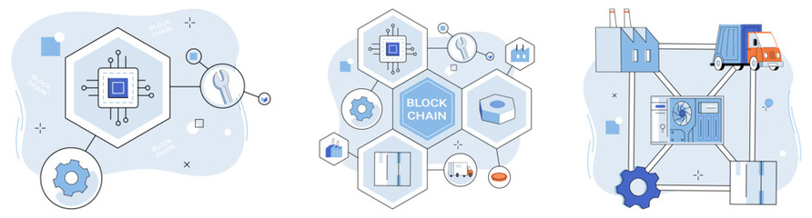 Blockchain industry vector illustration. Encryption transforms transactions into gold online financial security Blockchain, web trust, knits economy into decentralized database In online symphony