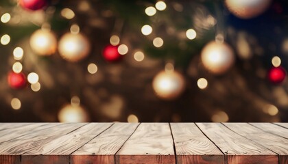 christmas background with christmas tree and wooden table suitable as background or banner