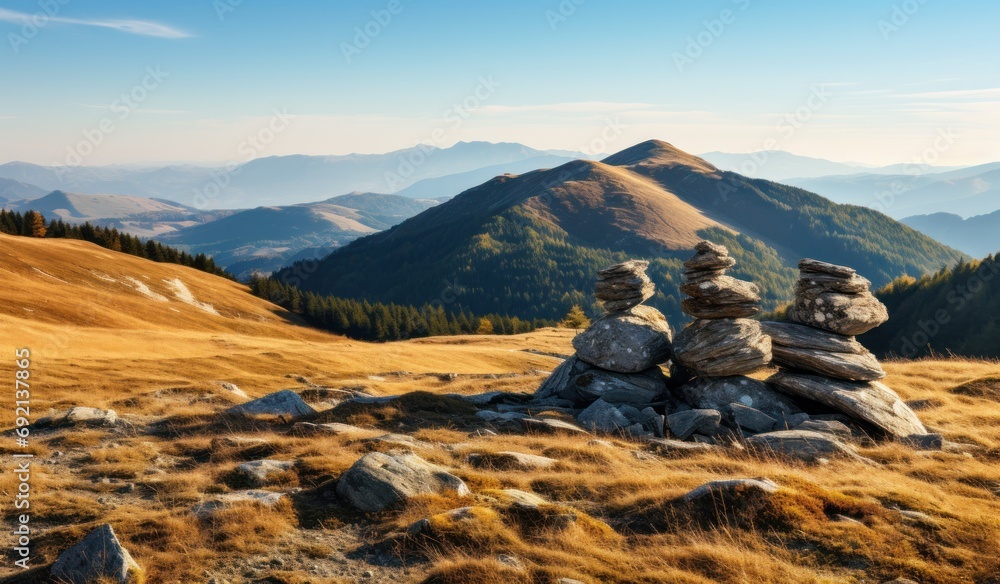 Poster rocks stacked on top of each other in the middle of a grassy field with mountains in the distance in