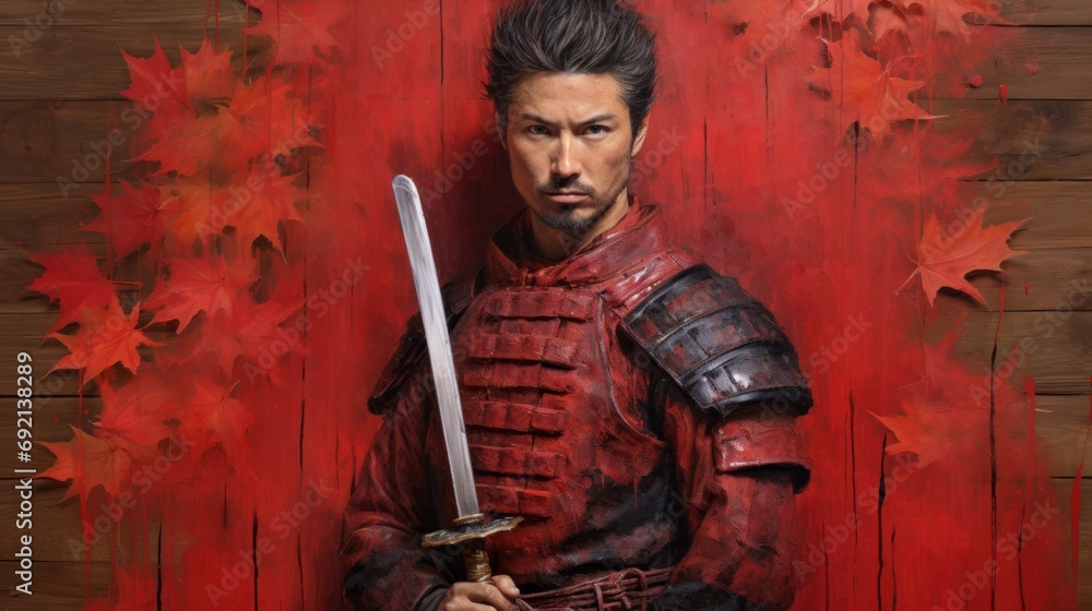 Poster a painting of a man dressed as a knight with a sword in his hand and a red background with maple lea
