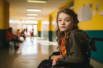 Retrato de niña en silla de ruedas en el pasillo de la escuela con compañeros de clase - obrazy, fototapety, plakaty