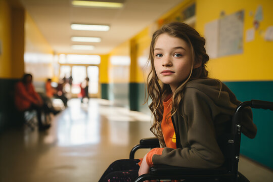 Retrato de niña en silla de ruedas en el pasillo de la escuela con compañeros de clase