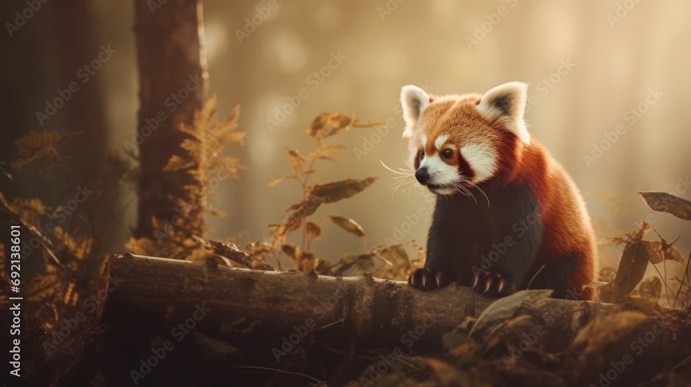 Poster a red panda sitting on top of a log in the middle of a forest filled with tall grass and trees.