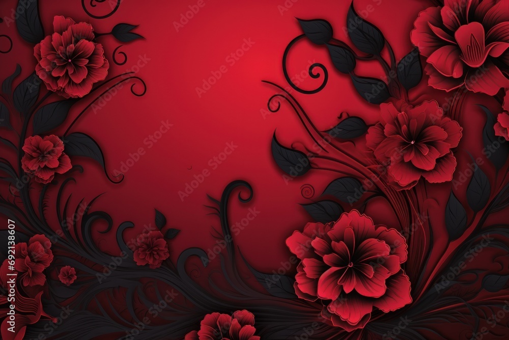 Poster a red and black background with flowers and swirls on the bottom of the image and a red background w