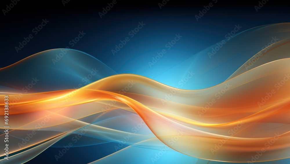 Poster  a computer generated image of a wave of orange and blue on a dark blue background with a light reflection on the left side of the image.