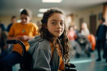 Retrato de una niña en silla de ruedas con sus amigos al fondo - obrazy, fototapety, plakaty