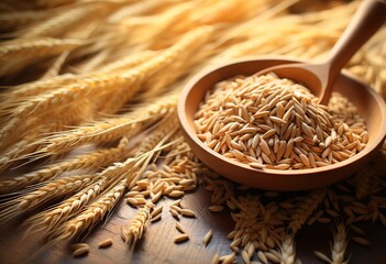 Golden Harvest: A close-up of freshly harvested grain, beautifully backlit, capturing the essence of agricultural abundance. - obrazy, fototapety, plakaty