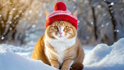 a cute ginger cat in a red knitted hat sits in the snow snowy winter background concept of pets family members