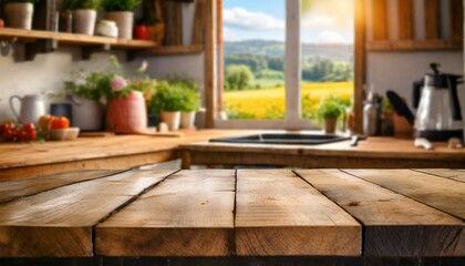 Fototapeta na wymiar empty wooden table with countryside kitchen in background