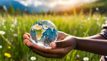 hands of a african american child holding crystal glowing globe planet earth at a sunny green meadow background copyspace taking care ecology sustainable nature conversation concept ai generated
