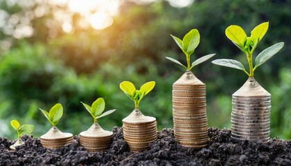 plants growing in bulbs green investment concept rising money to invest a seedling is growing on a coin lying on the ground financial growth concept