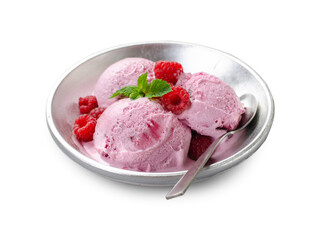 Delicious Raspberry Ice Cream in a Bowl on White Background, Summer Dessert