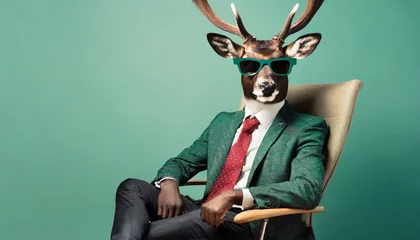 Zelfklevend Fotobehang modern xmas deer with hipster sunglasses and business suit sitting like a boss in chair creative animal concept banner trendy pastel teal green background © Emanuel