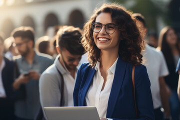 smiling business woman holding a tablet