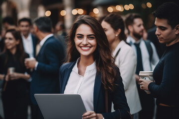 smiling business woman holding a tablet - obrazy, fototapety, plakaty
