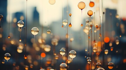 Dusk Reflections: A Mesmerizing Array of Spherical Droplets Suspended Against a Blurred Cityscape
