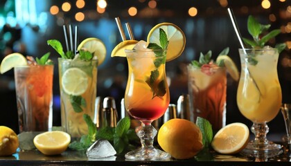 refreshment multicolor fruit cocktail with ice lemon and mint in a bar night club party with soft drinks