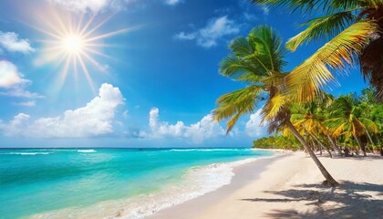 Fototapeta na wymiar sunny tropical caribbean beach with palm trees and turquoise water caribbean island vacation hot summer day