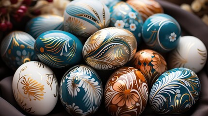 Fototapeta na wymiar Easter colorful eggs with beautiful traditional elegant painting in a bowl