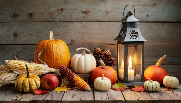 wooden table with lantern and candles decorated with pumpkins corncobs apples and gourds with wooden background thanksgiving harvest concept